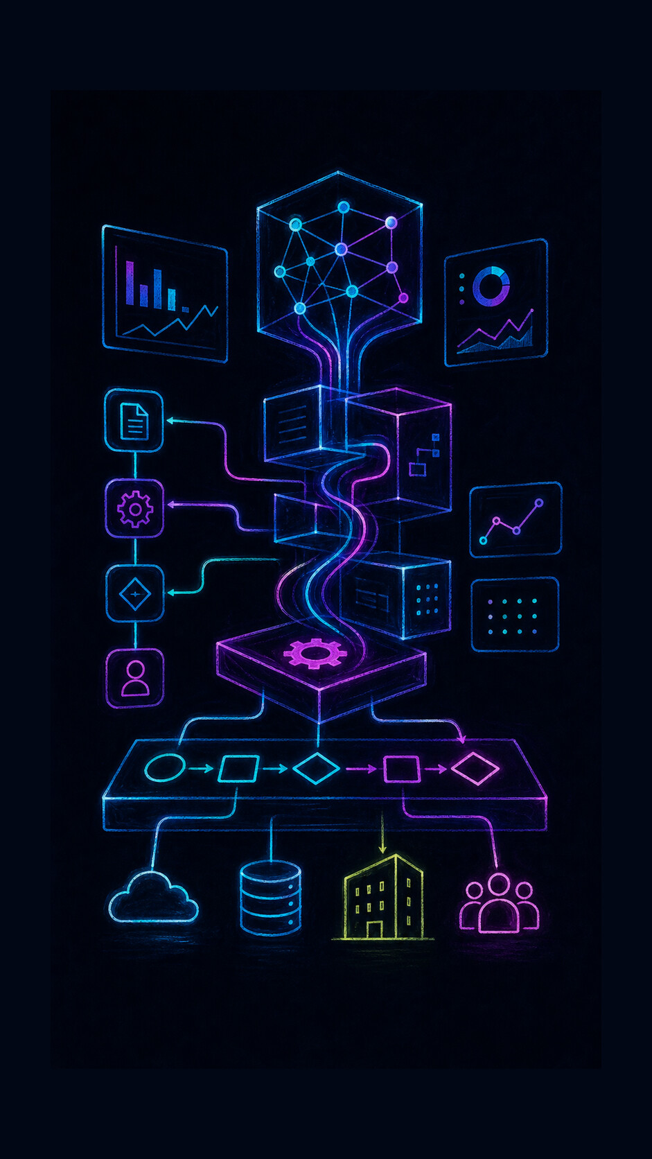 Hand-drawn neon technology illustration showing software interfaces, analytics, process automation flows, data streams and business systems.
