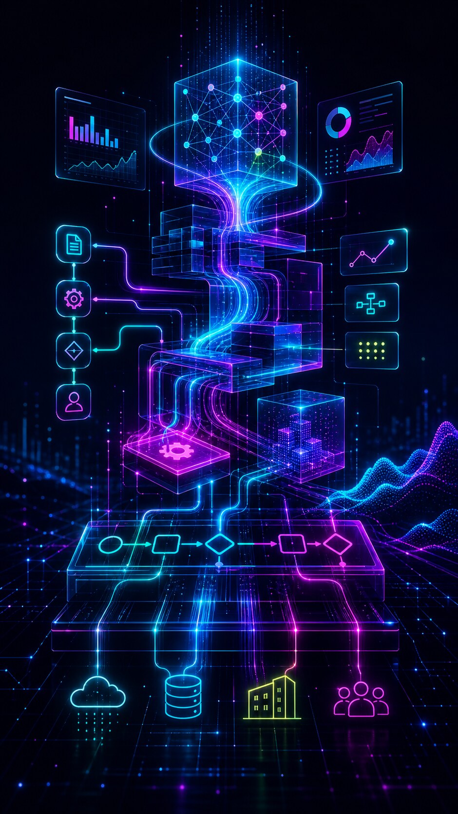 Portrait neon abstract technology visual showing software interfaces, analytics, process automation flows, data streams and business systems.
